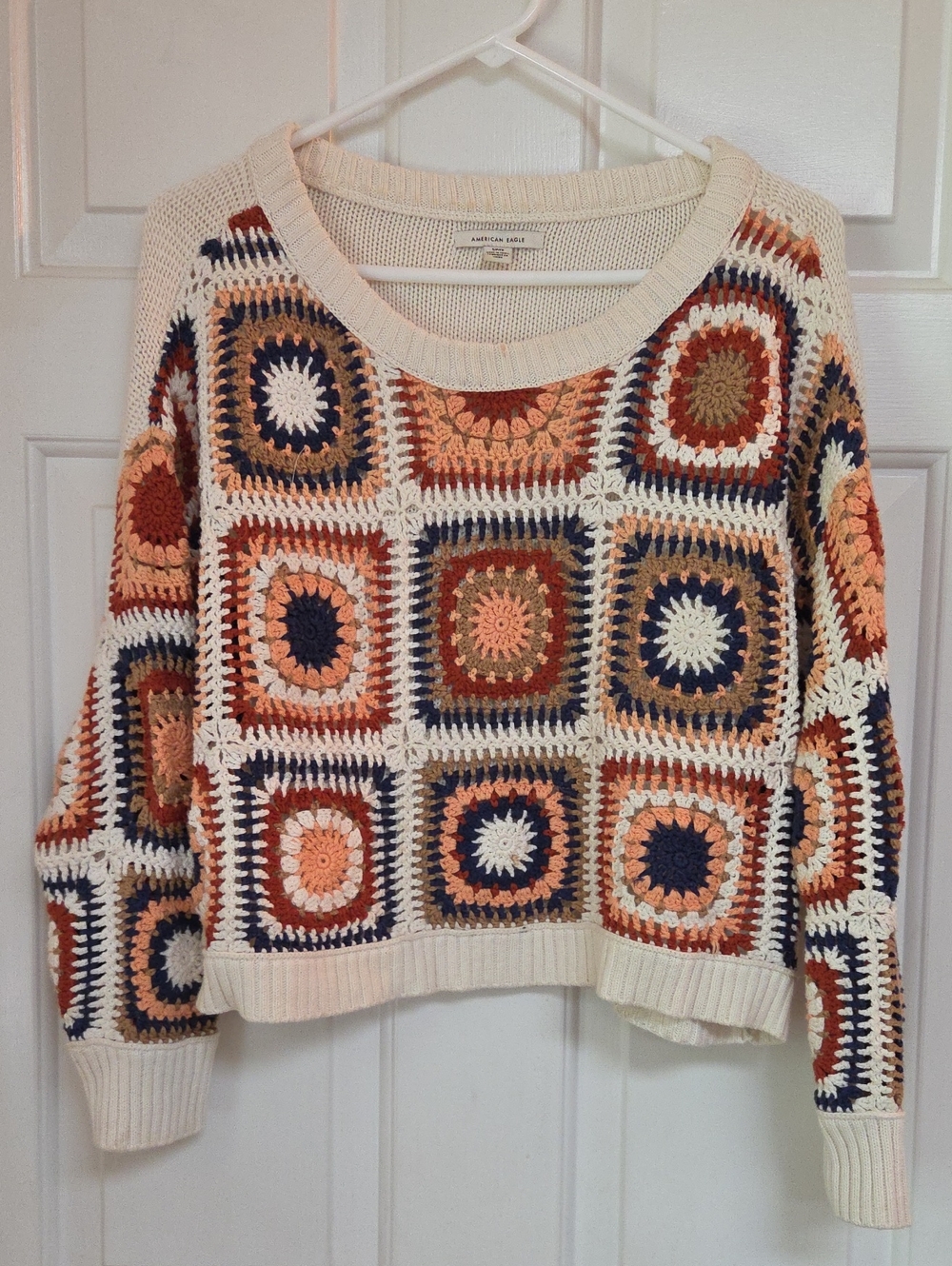 American Eagle Outfitters Cream Crochet Square Multi-Color Sweater